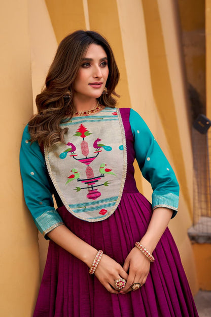Vichitra Silk Flared Gown with Zari Weaving & Lace Work