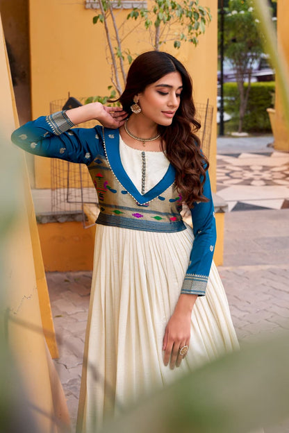 Vichitra Silk Flared Gown with Zari Weaving & Lace Work