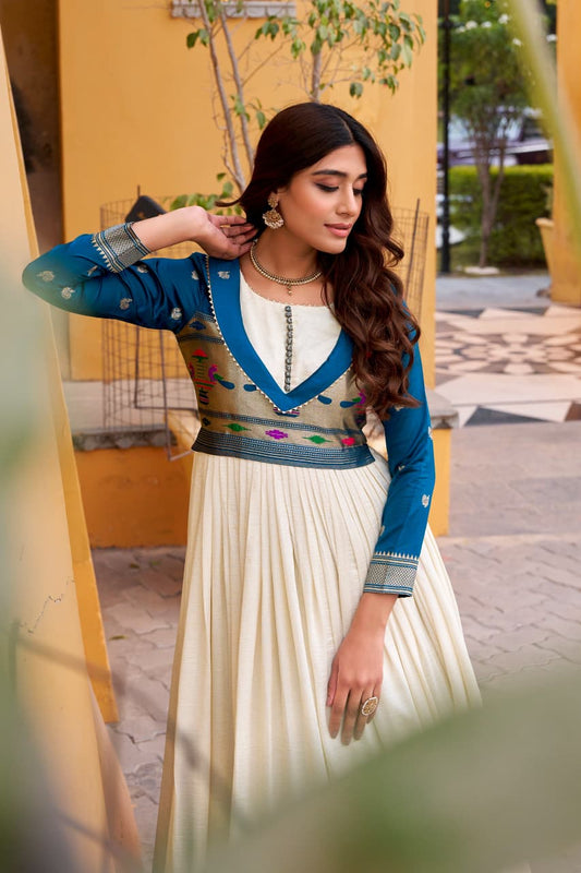 Vichitra Silk Flared Gown with Zari Weaving & Lace Work