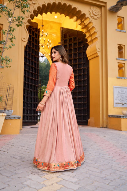Vichitra Silk Flared Gown with Zari Weaving & Lace Work