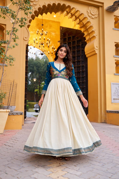Vichitra Silk Flared Gown with Zari Weaving & Lace Work