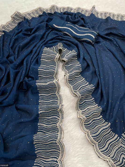 Vichitra Silk Saree with Zari & Stone Work and Embroidered Blouse