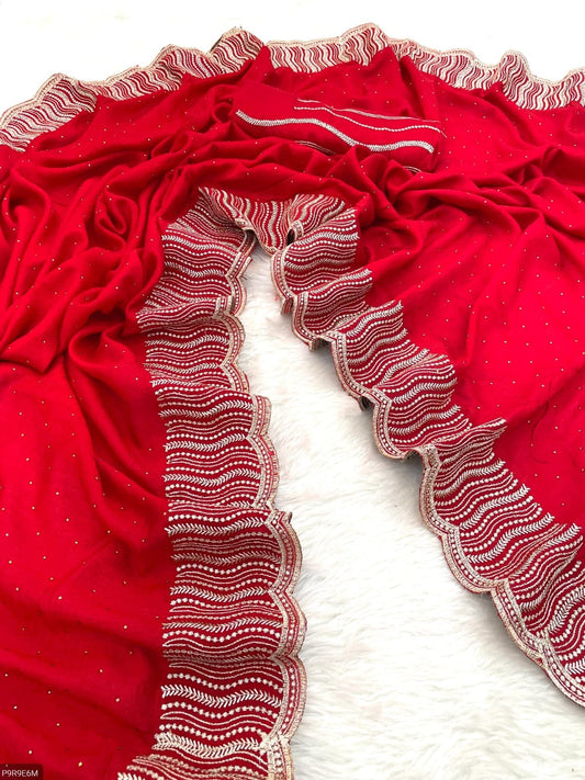 Vichitra Silk Saree with Zari & Stone Work and Embroidered Blouse