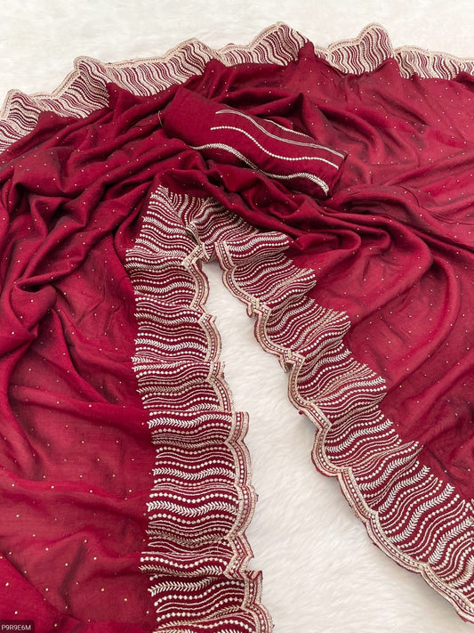 Vichitra Silk Saree with Zari & Stone Work and Embroidered Blouse