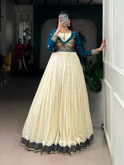 Vichitra Silk Zari Weaving Flared Long Dress with Lace Detail