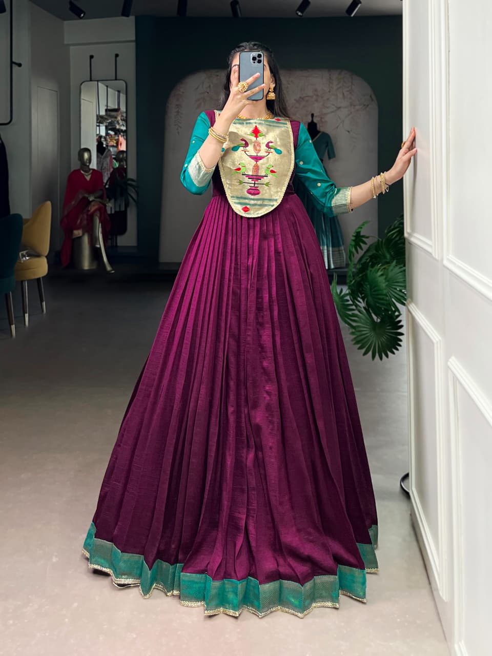Vichitra Silk Zari Weaving Flared Long Dress with Lace Detail