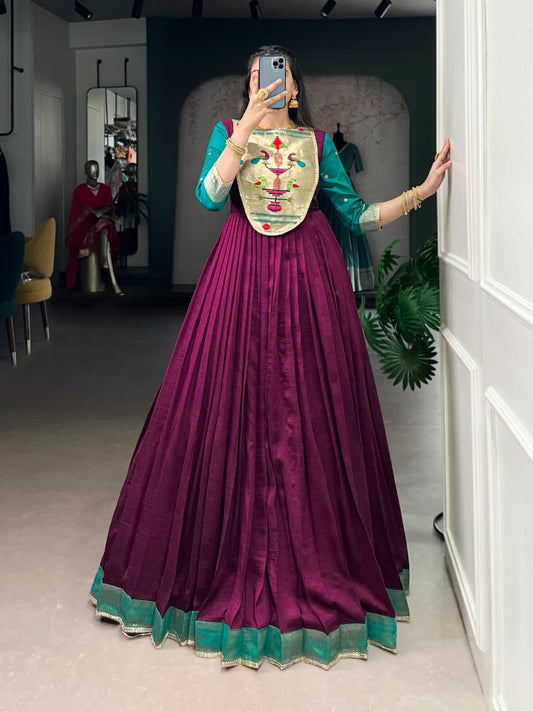 Vichitra Silk Zari Weaving Flared Long Dress with Lace Detail