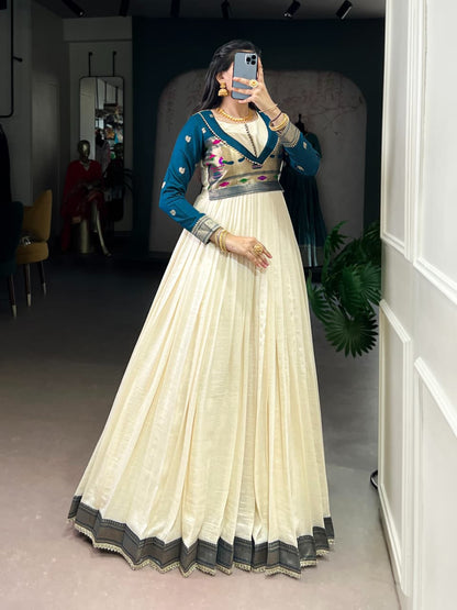 Vichitra Silk Zari Weaving Flared Long Dress with Lace Detail
