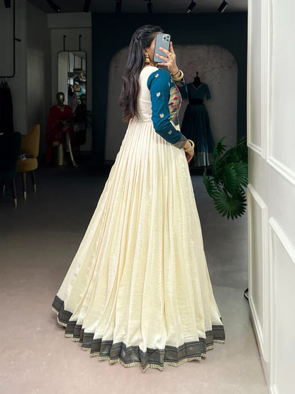 Vichitra Silk Zari Weaving Flared Long Dress with Lace Detail
