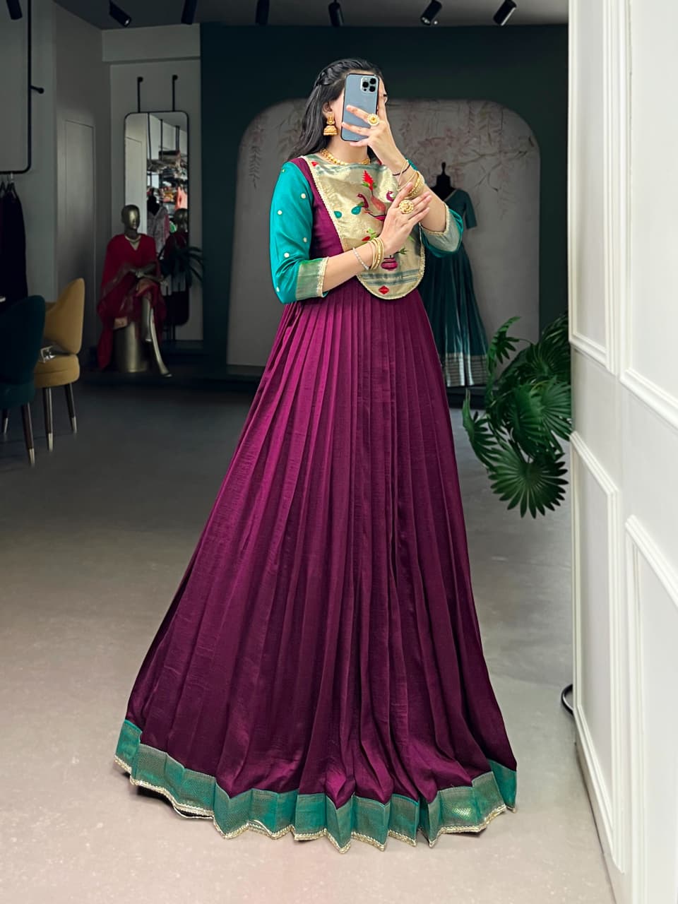 Vichitra Silk Zari Weaving Flared Long Dress with Lace Detail