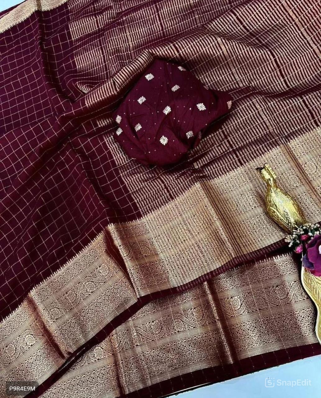 Viscose Checks Georgette Saree with Sequins Jacquard Blouse