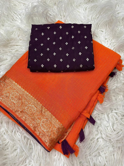 Viscose Chinnon Saree with Jacquard Border & Contrast Blouse