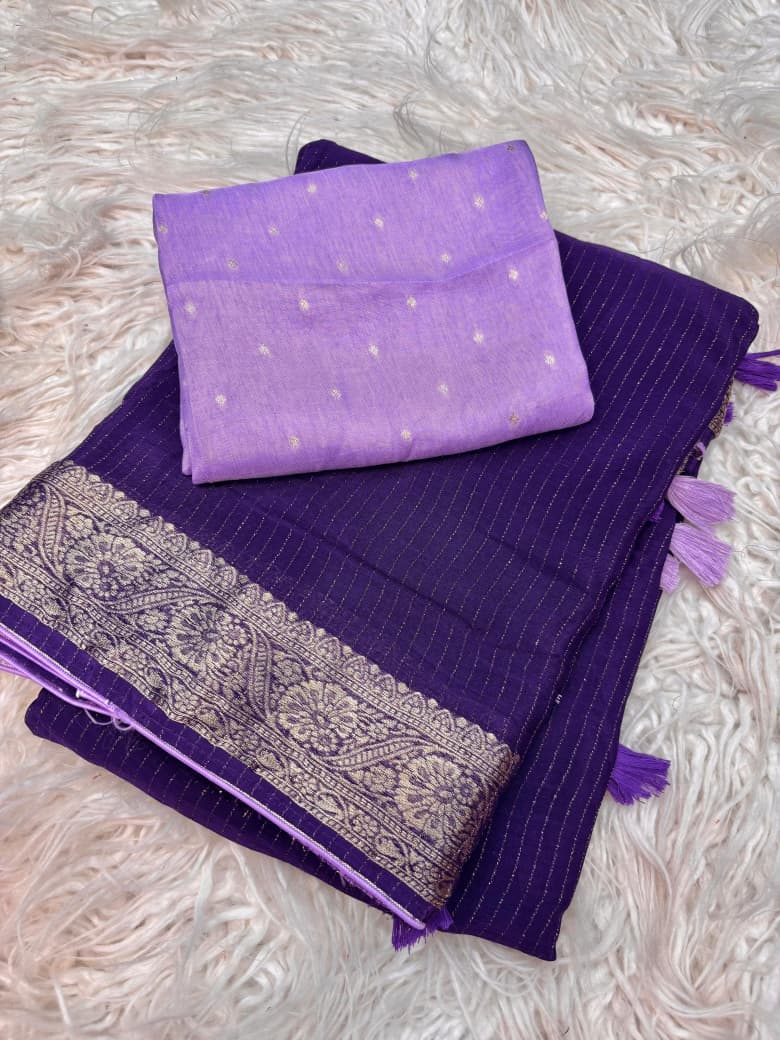 Viscose Chinnon Saree with Jacquard Border & Contrast Blouse