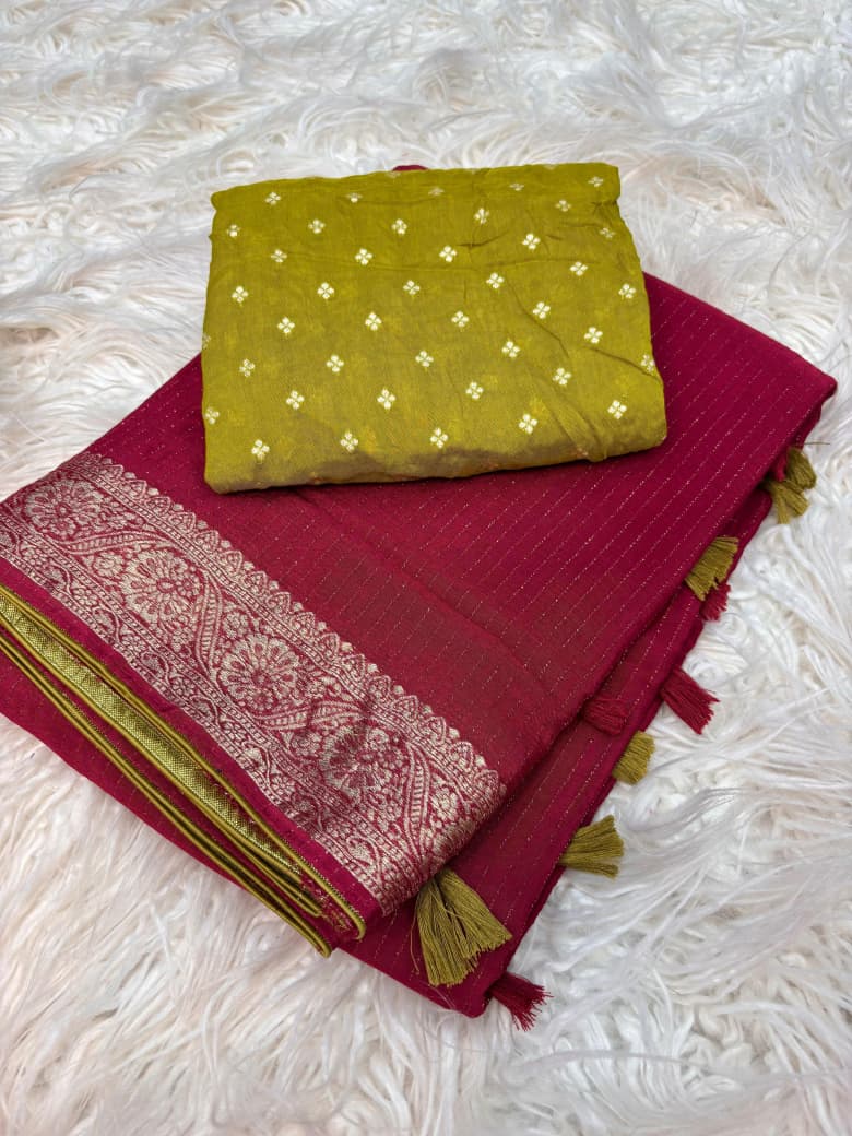 Viscose Chinnon Saree with Jacquard Border & Contrast Blouse