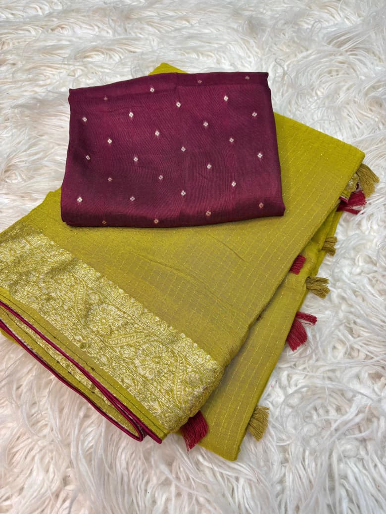 Viscose Chinnon Saree with Jacquard Border & Contrast Blouse