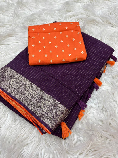 Viscose Chinnon Saree with Jacquard Border & Contrast Blouse