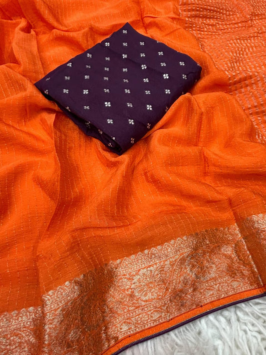 Viscose Chinnon Saree with Jacquard Border & Contrast Blouse