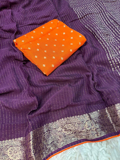 Viscose Chinnon Saree with Jacquard Border & Contrast Blouse