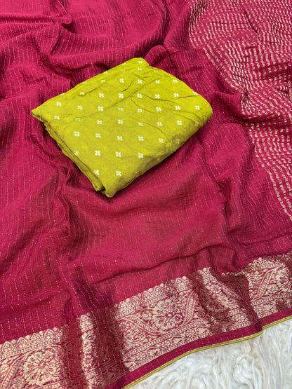 Viscose Chinnon Saree with Jacquard Border & Contrast Blouse