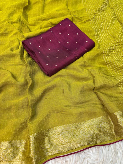 Viscose Chinnon Saree with Jacquard Border & Contrast Blouse