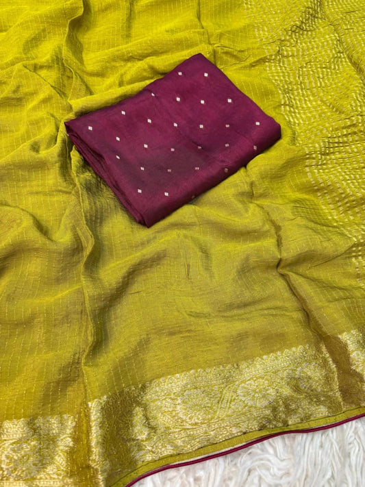 Viscose Chinnon Saree with Jacquard Border & Contrast Blouse