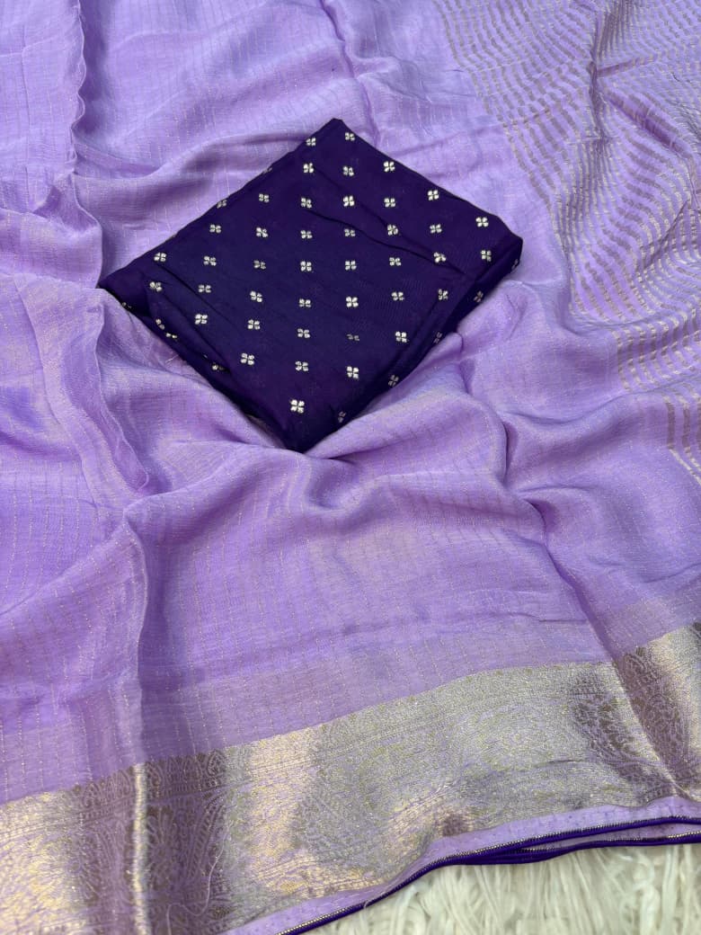 Viscose Chinnon Saree with Jacquard Border & Contrast Blouse