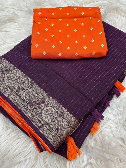 Viscose Chinnon Saree with Jacquard Border & Contrast Blouse