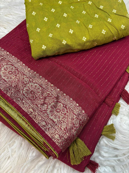 Viscose Chinnon Saree with Jacquard Border & Contrast Blouse