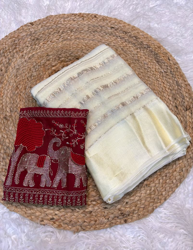 Viscose Georgette Saree with Beads Work Blouse in Elephant Design & Satin Border