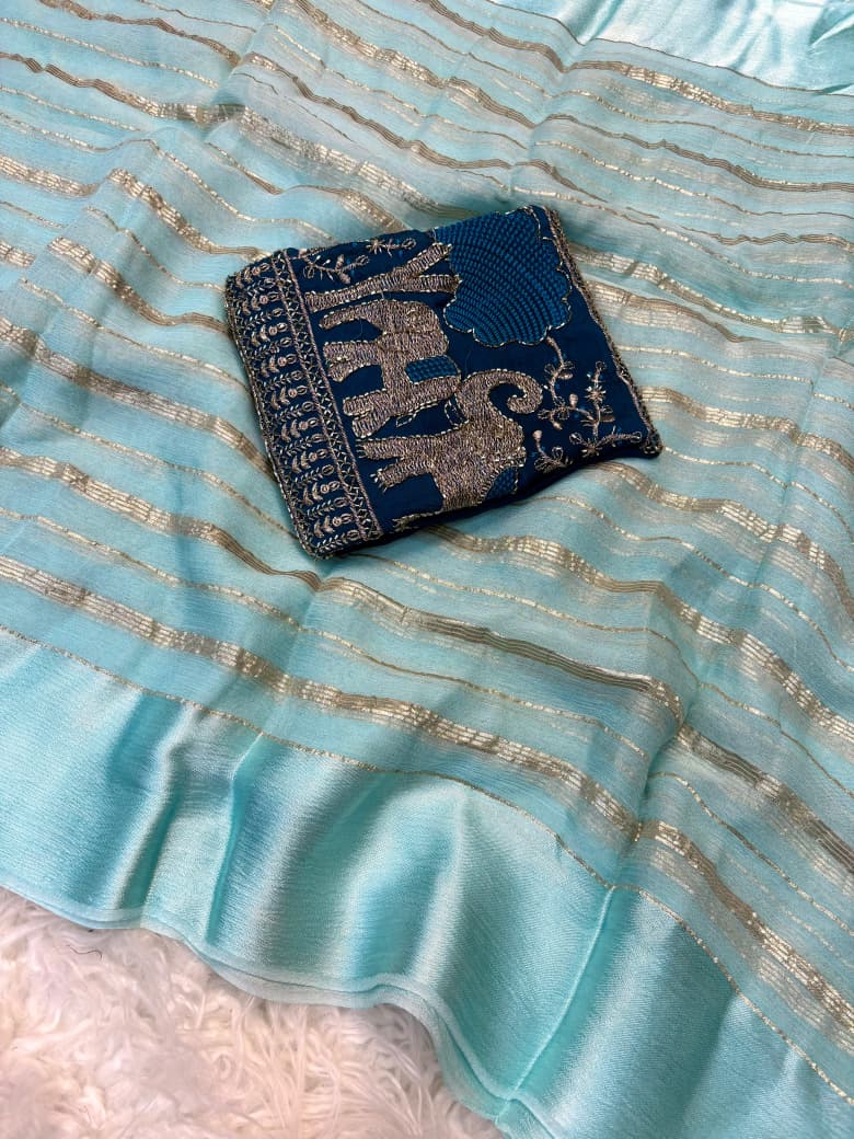 Viscose Georgette Saree with Beads Work Blouse in Elephant Design & Satin Border