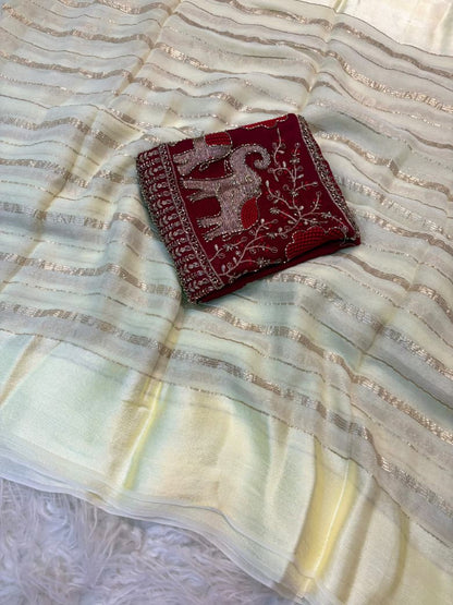 Viscose Georgette Saree with Beads Work Blouse in Elephant Design & Satin Border