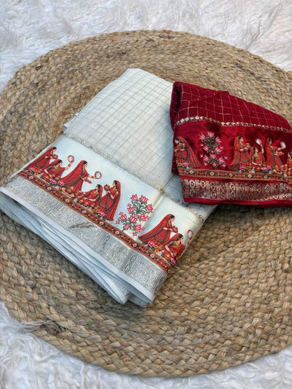 Viscose Georgette Saree with Checks, Satin Border & 3D Karwa Chauth Print