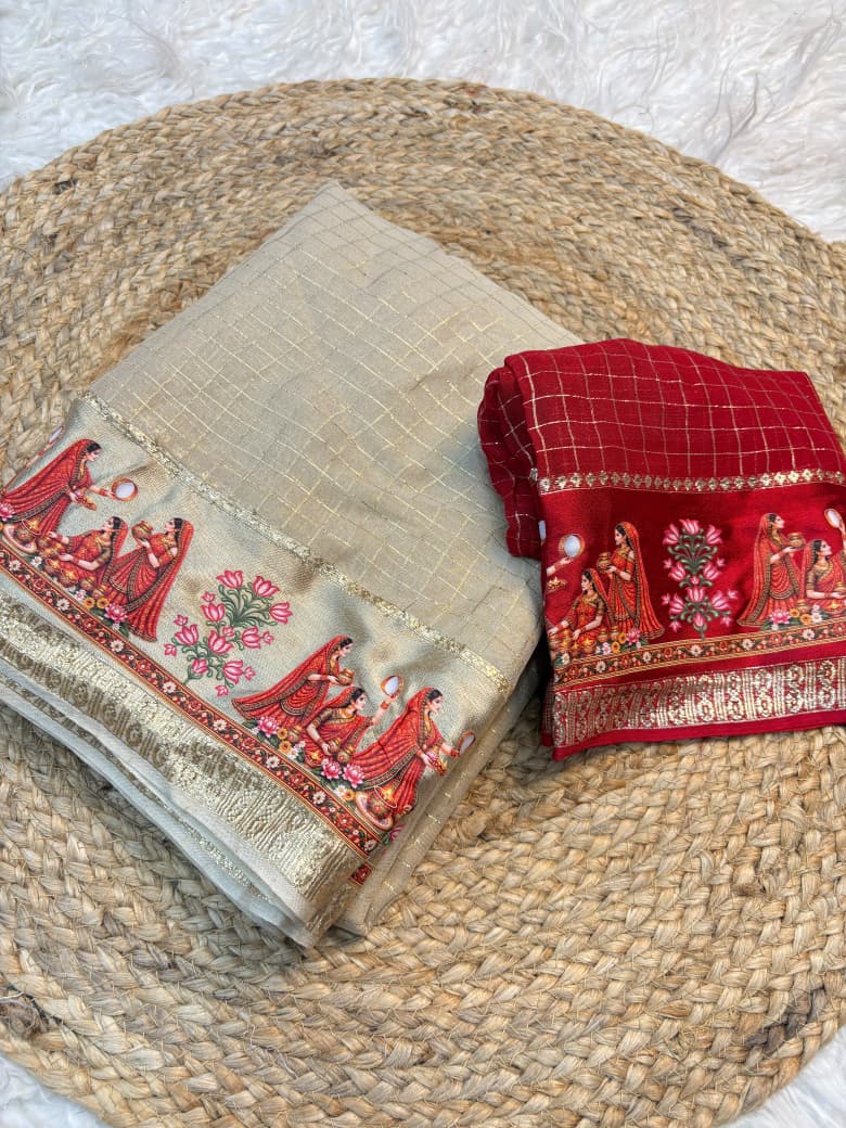 Viscose Georgette Saree with Checks, Satin Border & 3D Karwa Chauth Print
