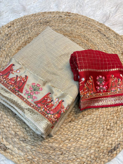 Viscose Georgette Saree with Checks, Satin Border & 3D Karwa Chauth Print
