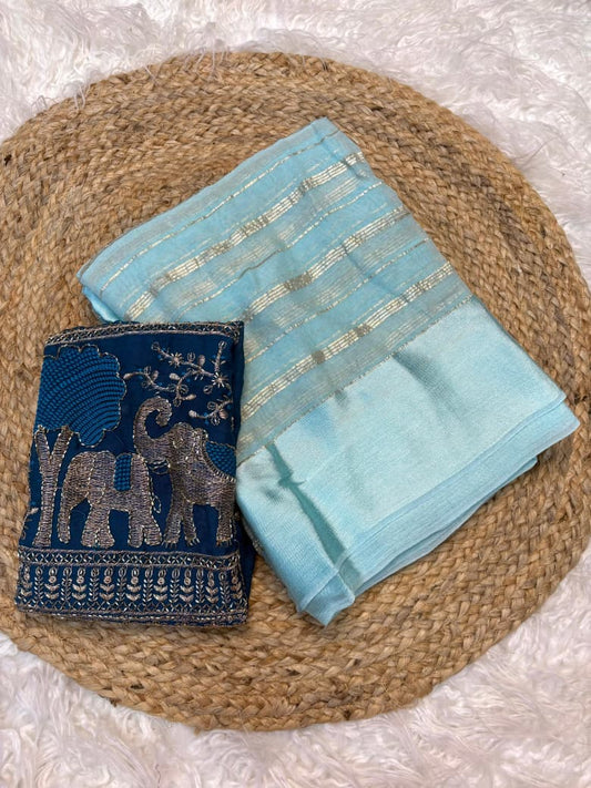 Viscose Georgette Saree with Elephant Beads Work Blouse & Satin Border
