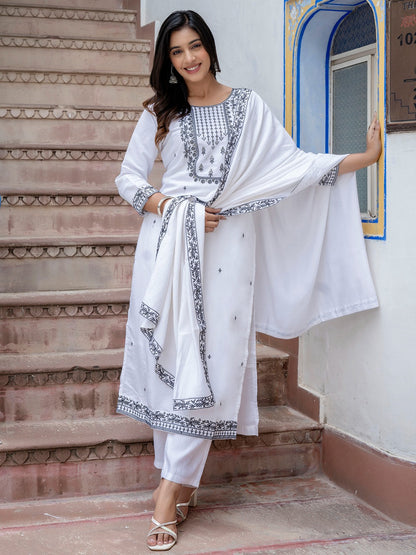 Viscose Roman Silk Embroidered Kurta Pant Set with Dupatta