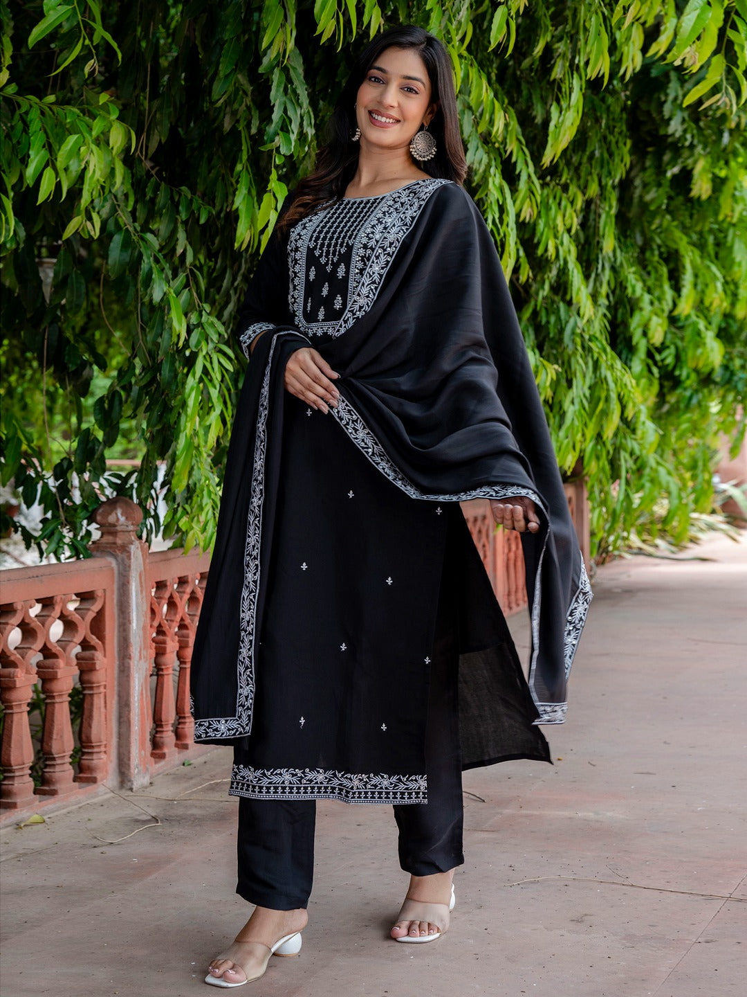 Viscose Roman Silk Embroidered Kurta Pant Set with Dupatta