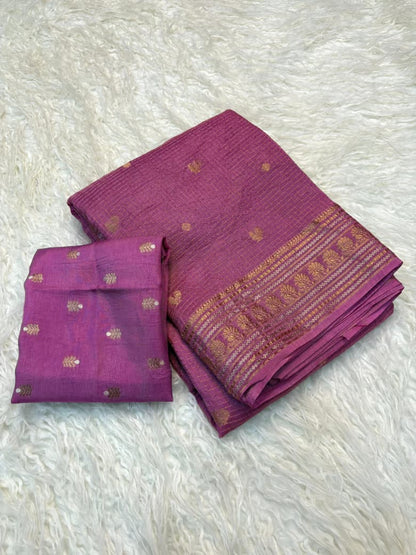 Viscose Russian Dola Saree with Weaving Checks and Peacock Border
