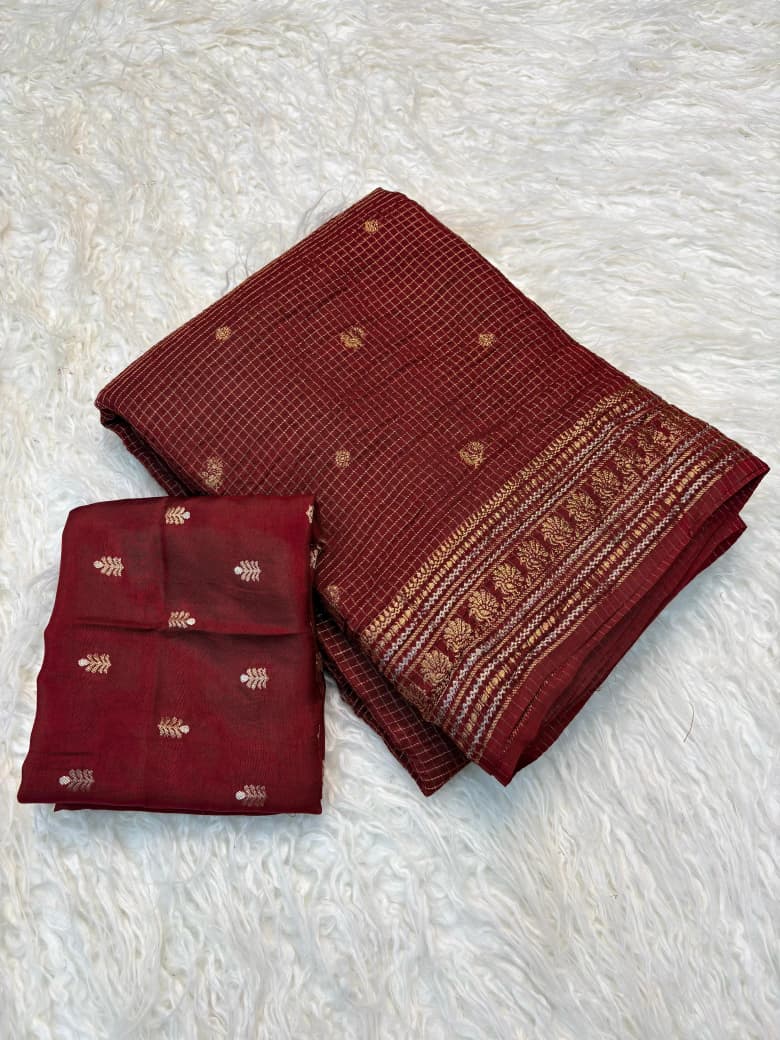 Viscose Russian Dola Saree with Weaving Checks and Peacock Border