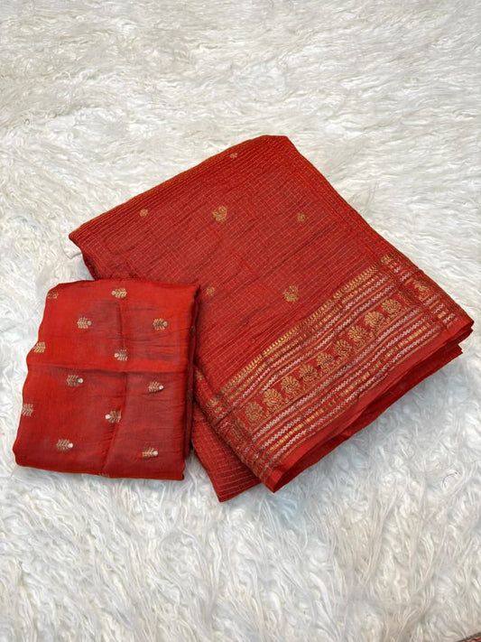 Viscose Russian Dola Saree with Weaving Checks and Peacock Border