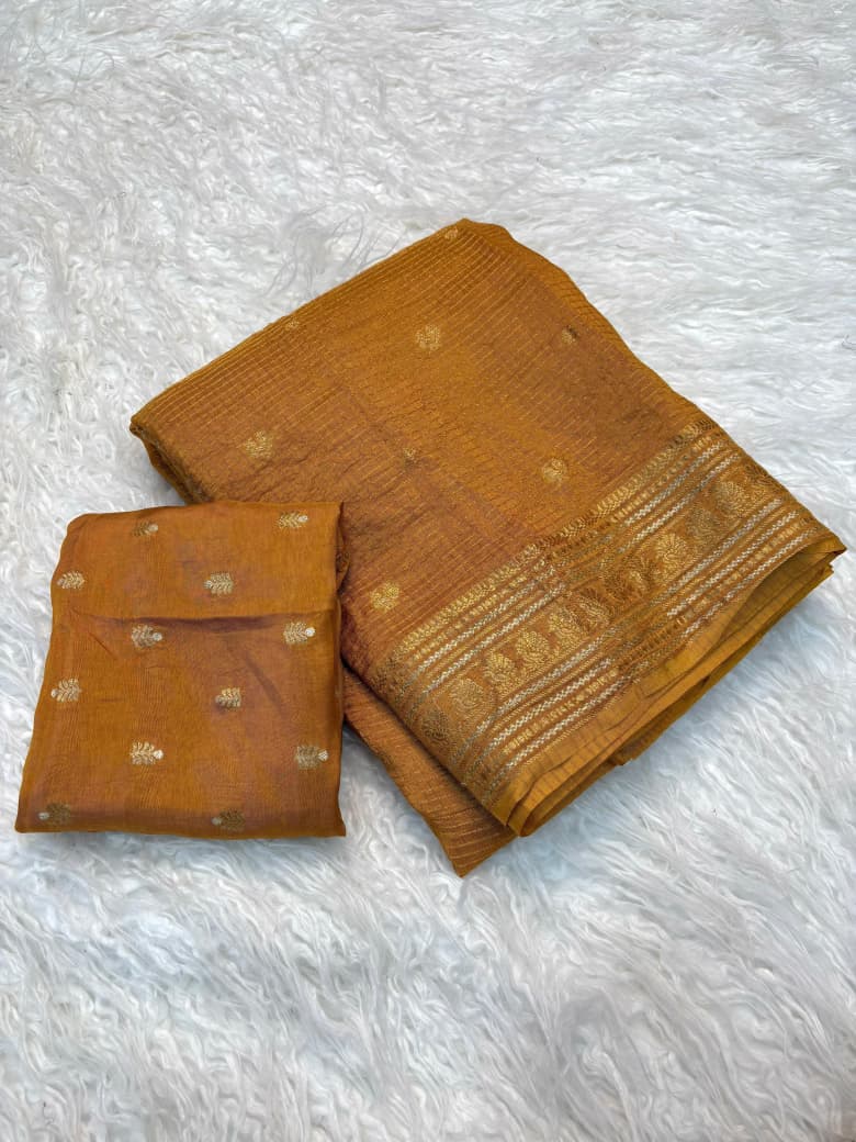 Viscose Russian Dola Saree with Weaving Checks and Peacock Border