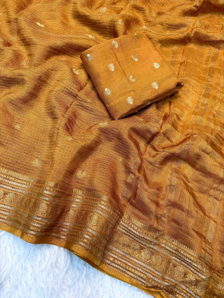 Viscose Russian Dola Saree with Weaving Checks and Peacock Border