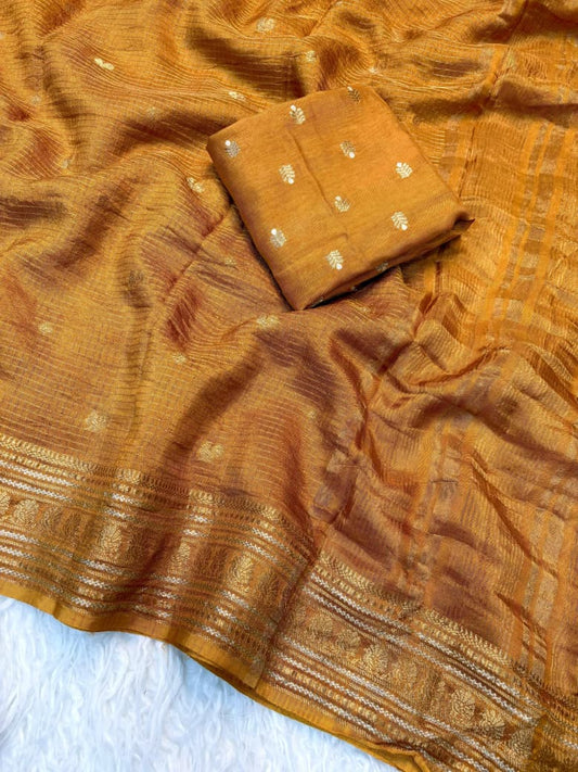Viscose Russian Dola Saree with Weaving Checks and Peacock Border