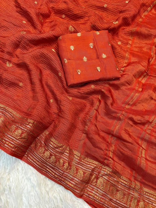 Viscose Russian Dola Saree with Weaving Checks and Peacock Border