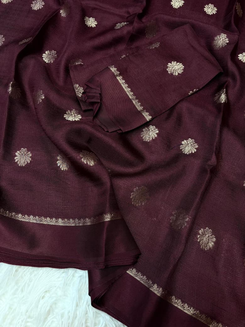 Viscose Silk Saree with Satin Border & Jacquard Leaf Design