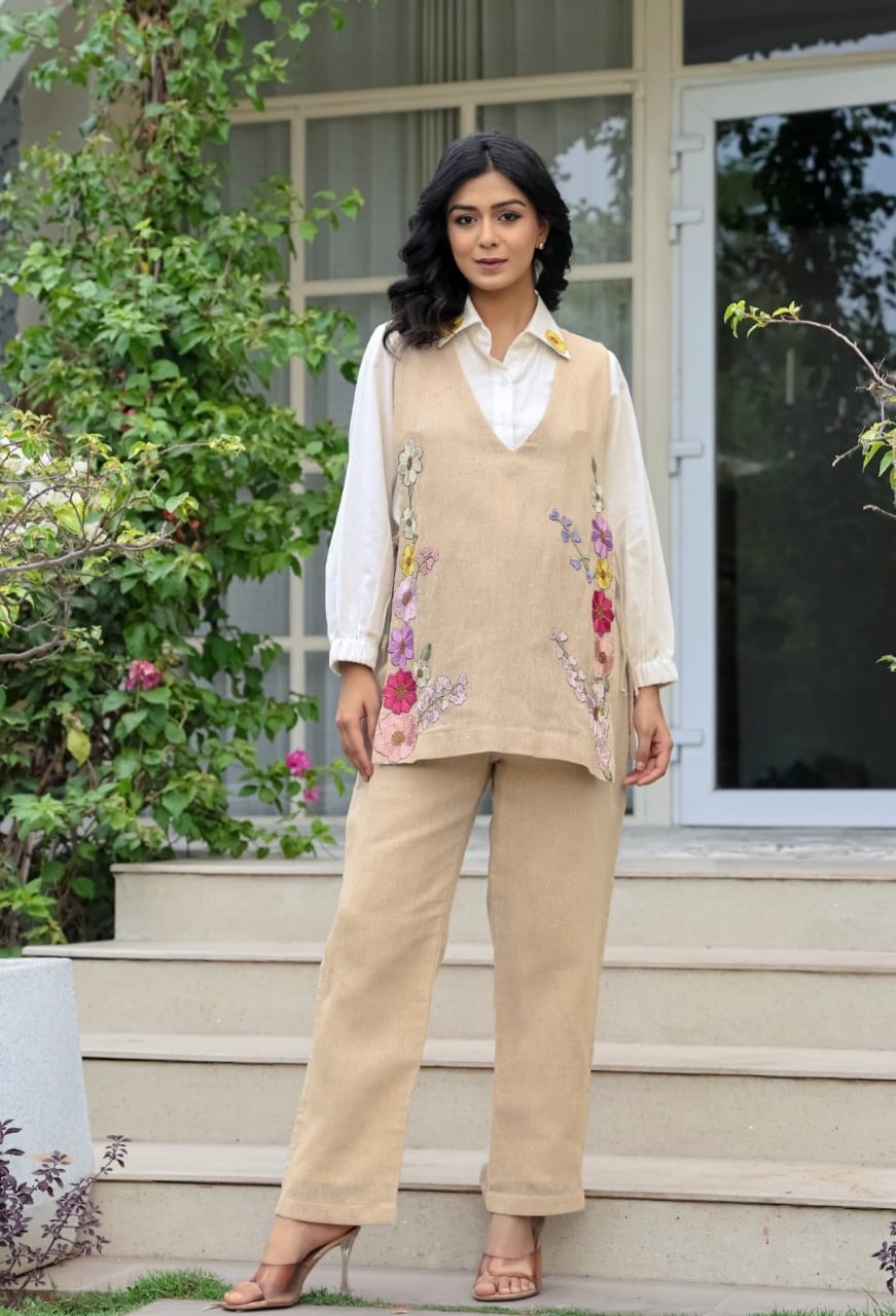 White Cotton Embroidered Shirt with Cotton Flex Pant & Choli Set