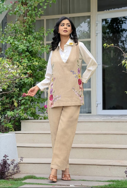 White Cotton Embroidered Shirt with Cotton Flex Pant & Choli Set