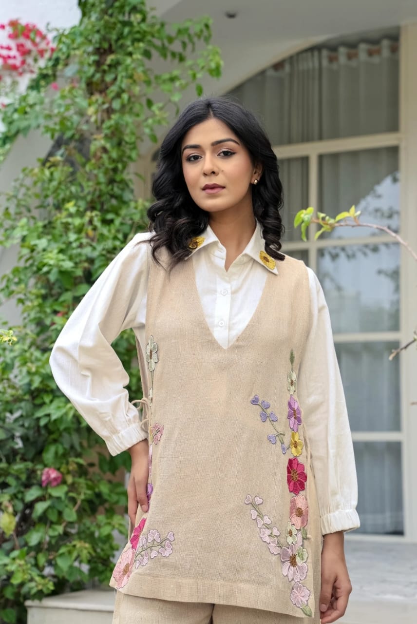 White Cotton Embroidered Shirt with Cotton Flex Pant & Choli Set