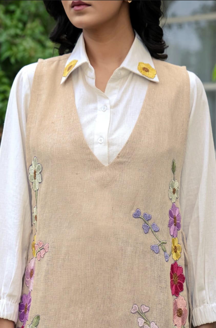 White Cotton Embroidered Shirt with Cotton Flex Pant & Choli Set