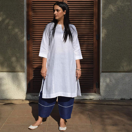 White Cotton Kurta Set with Pant Lace Work